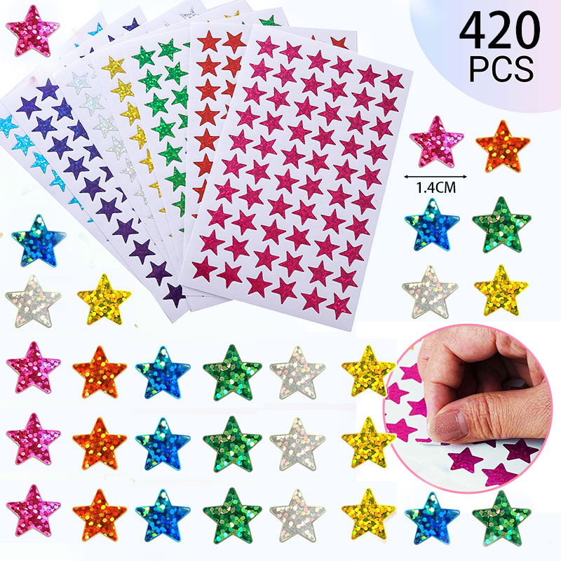 Glitter Vinyl Roll - 420 ชิ้นสติกเกอร์รูปดาวประกายโฮโลแกรมกลิตเตอร์สติกเกอร์รางวัลสำหรับเด็กสำหรับปฏิทินนักเรียนห้องเรียนอุปกรณ์สำนักงาน DIY