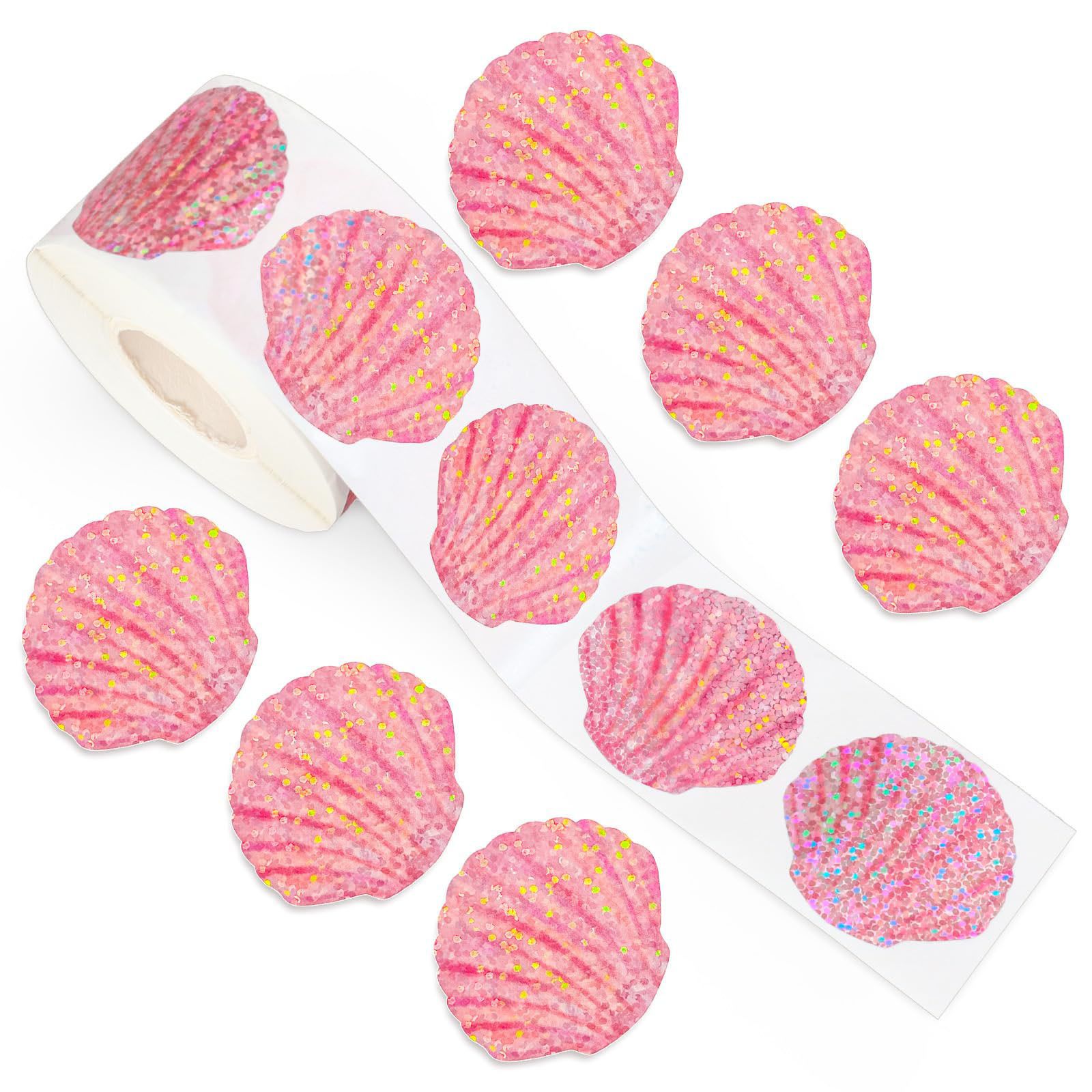 Glitter Vinyl Roll - 500 ชิ้น สติกเกอร์เปลือกหอยฤดูร้อนแบบม้วน สติกเกอร์โฮโลแกรม สติกเกอร์เปลือกหอยสีชมพูวิบวับ สติกเกอร์ติดเองสำหรับวันเกิด