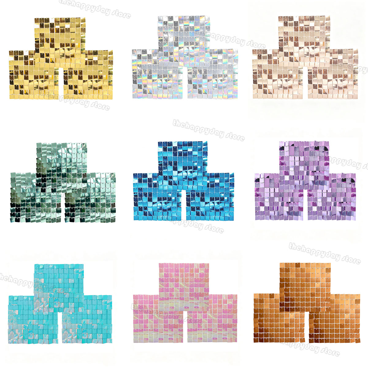 Sequin Fabric Panel - แผ่นฉากหลังวิบวับ 18-3 ชิ้น แผ่นผนังประดับเลื่อมสี่เหลี่ยม ฉากหลังถ่ายรูปสำหรับงานวันเกิด งานแต่งงาน